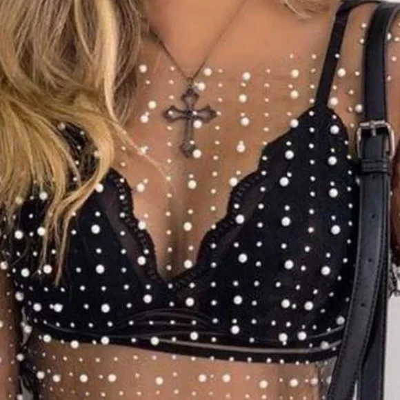 Sheer Black Crop Top with Pearl Detailing Large - Picture 4 of 4